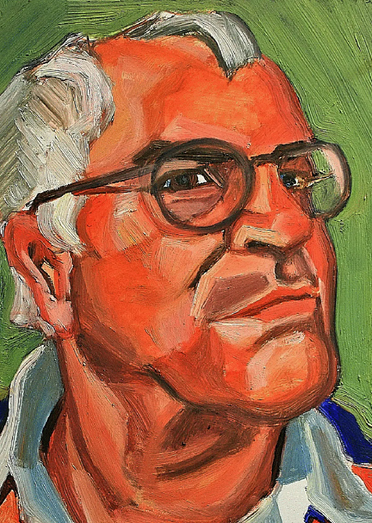 Expressive oil painting portrait orientation headshot view of Peter Ketchum, an older man with graying hair and round eyeglasses, rendered in bold brushstrokes with predominantly orange skin tones against a green background; He is wearing a light blue collared shirt