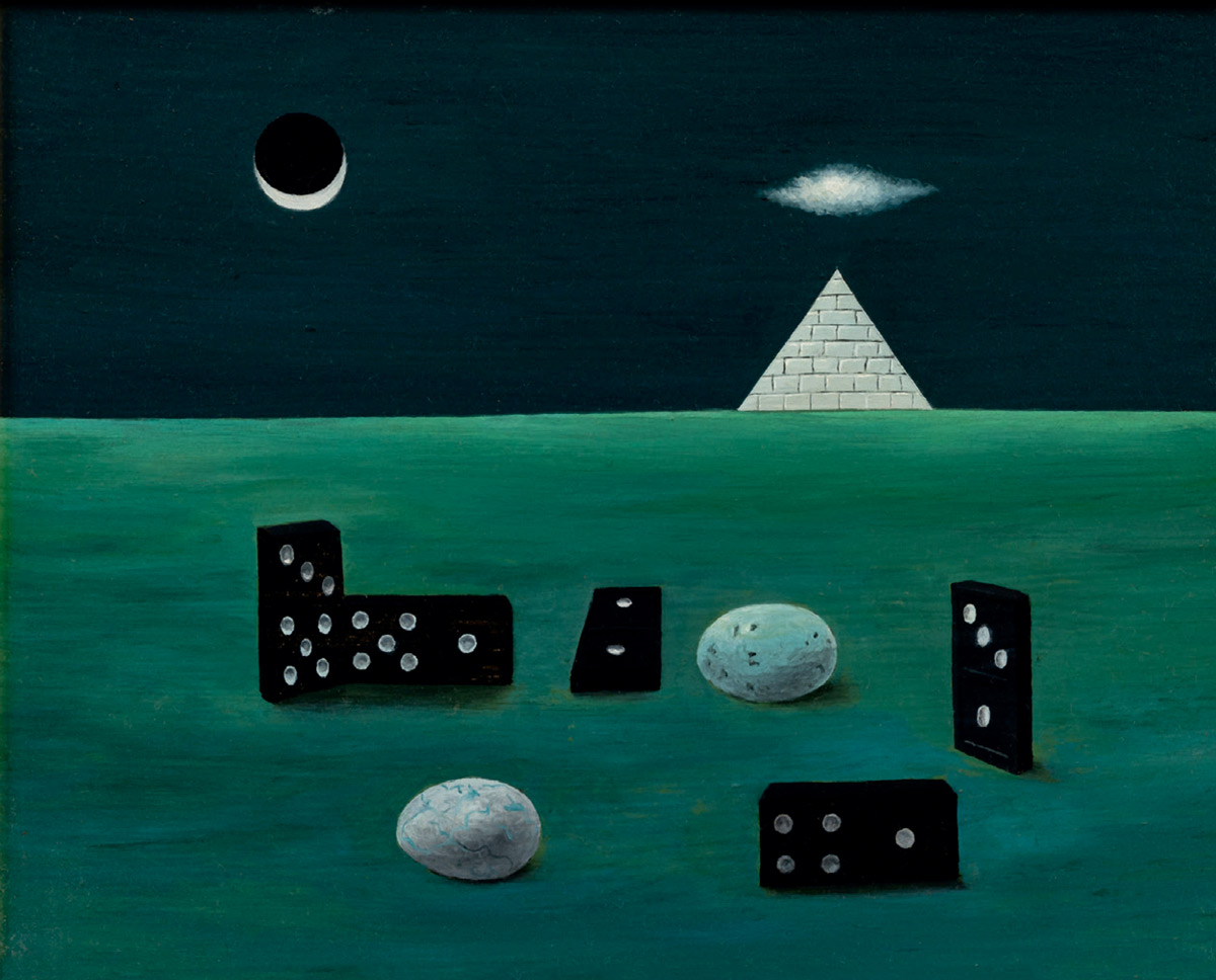 Surreal landscape with dominoes, stones, and a pyramid under a crescent moon.
