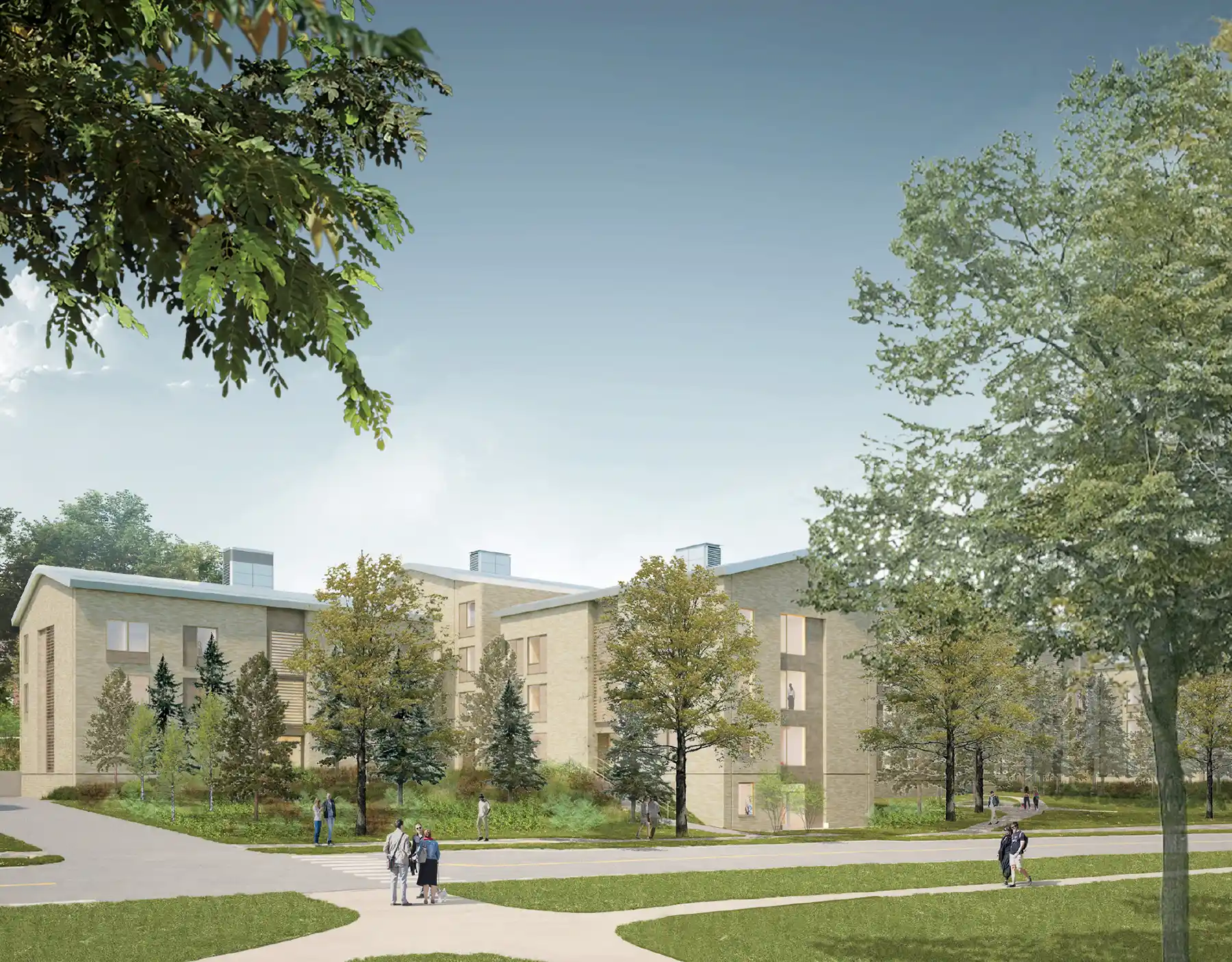 view of courtyard in front of building with people and trees