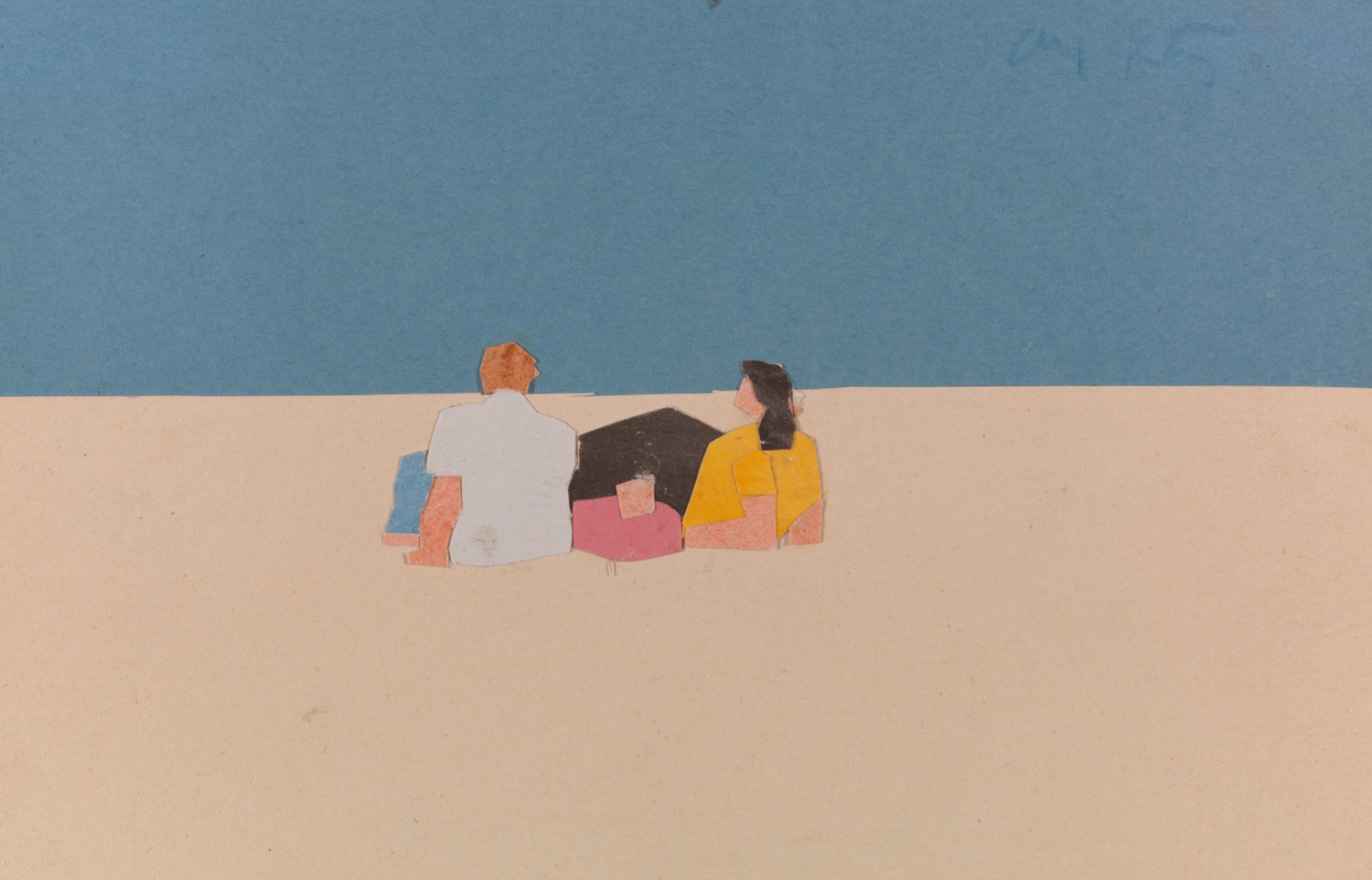 A minimalist paper collage depicting a couple viewed from behind, sitting on a sandy beach below a solid blue sky.