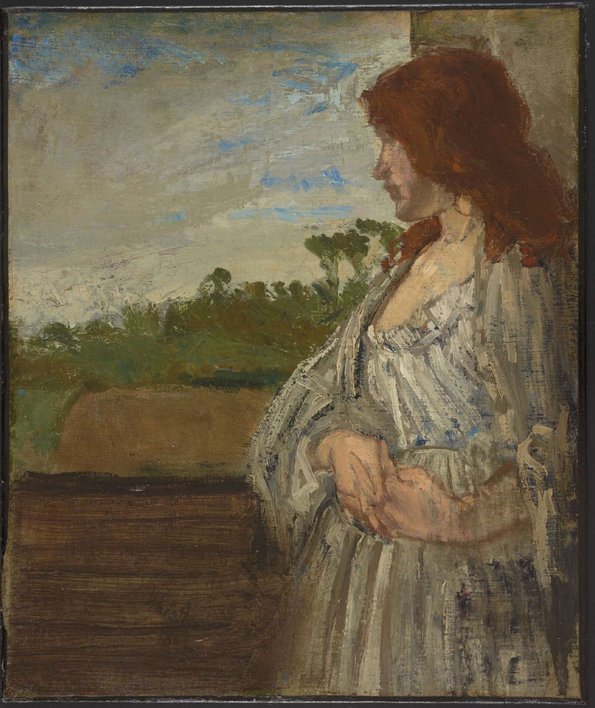 An oil painting of a profile view of a red-haired woman standing by a wooden balcony railing against an open green and sky landscape.