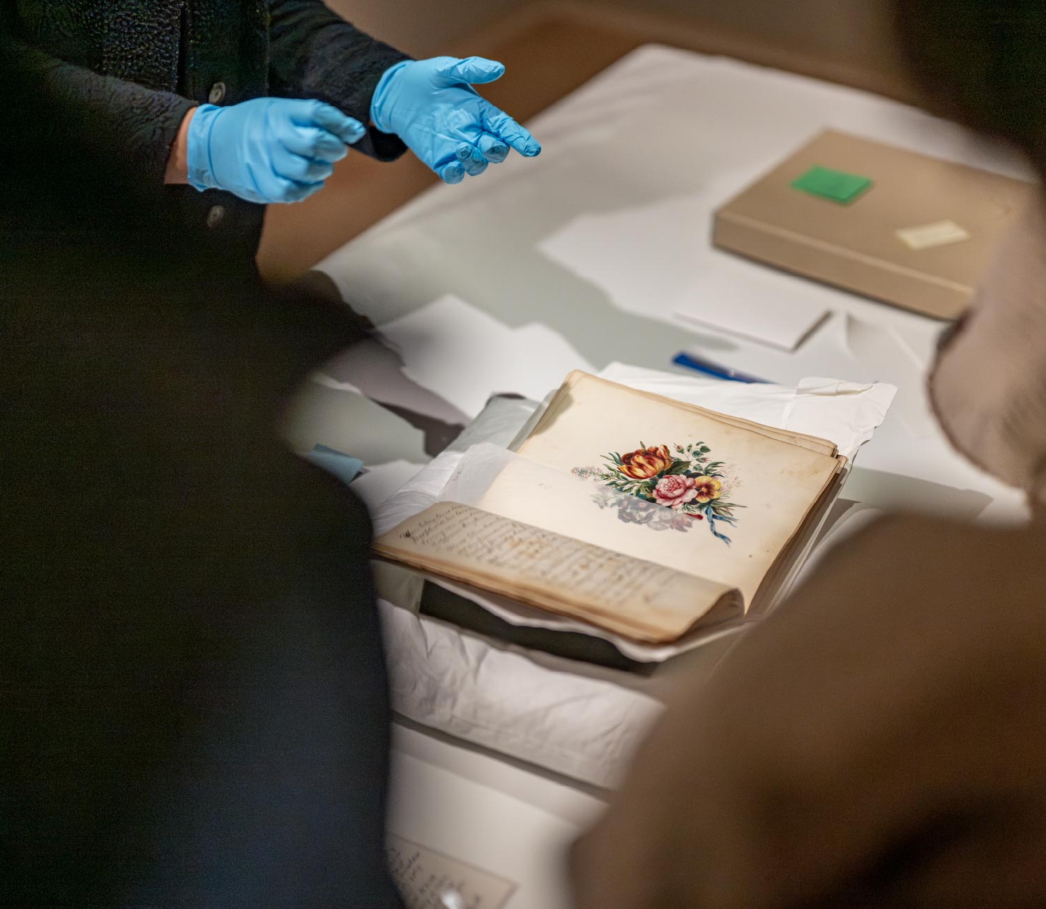 A close-up shot of a researcher wearing blue gloves examining an old book open to a page with a brightly colored flower illustration.