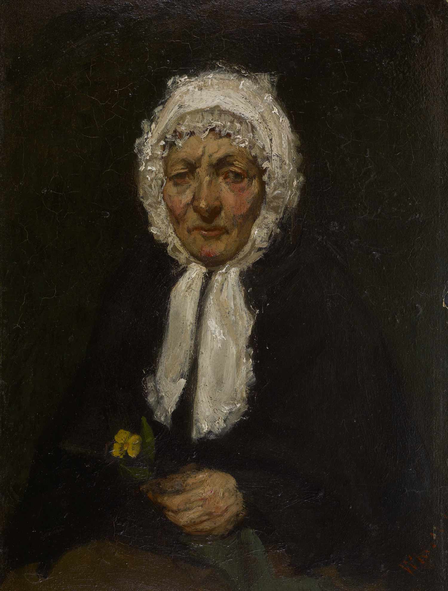 An oil portrait painting of an elderly woman wearing a white bonnet and dark coat, holding a small yellow flower against a dark backdrop.